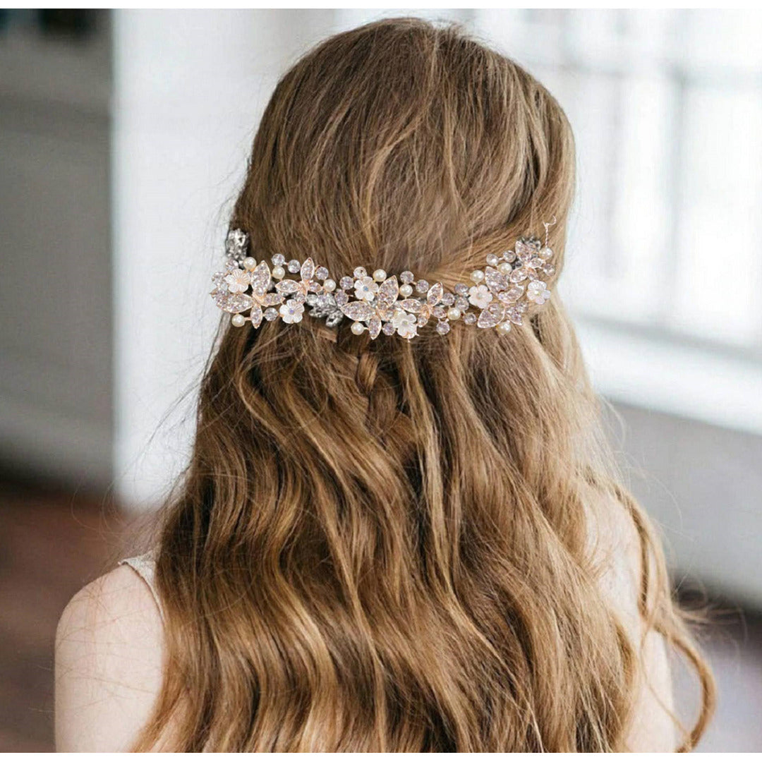 Proplady Bridal Zircons & Pearls Embellished Rose Gold Metal Hair Tiara