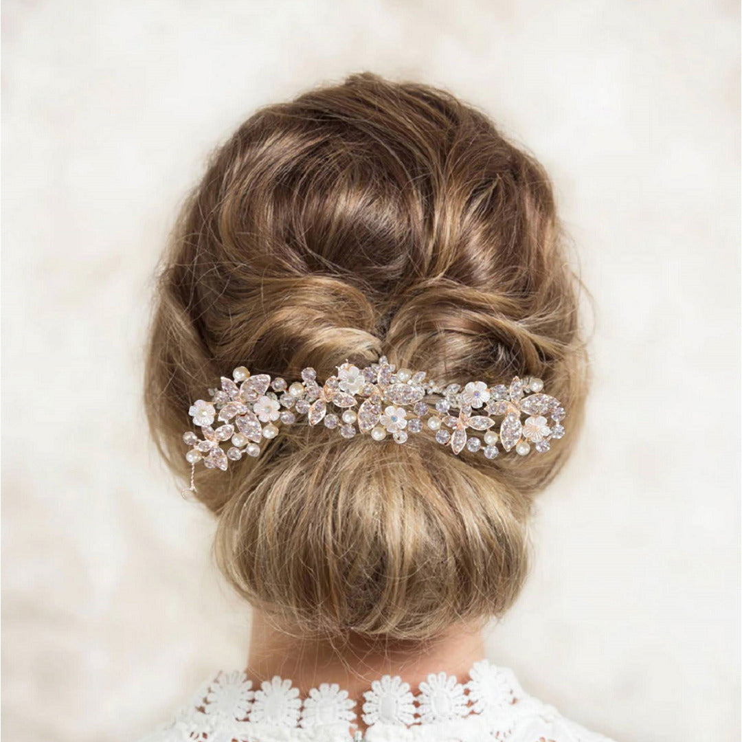 Proplady Bridal Zircons & Pearls Embellished Rose Gold Metal Hair Tiara