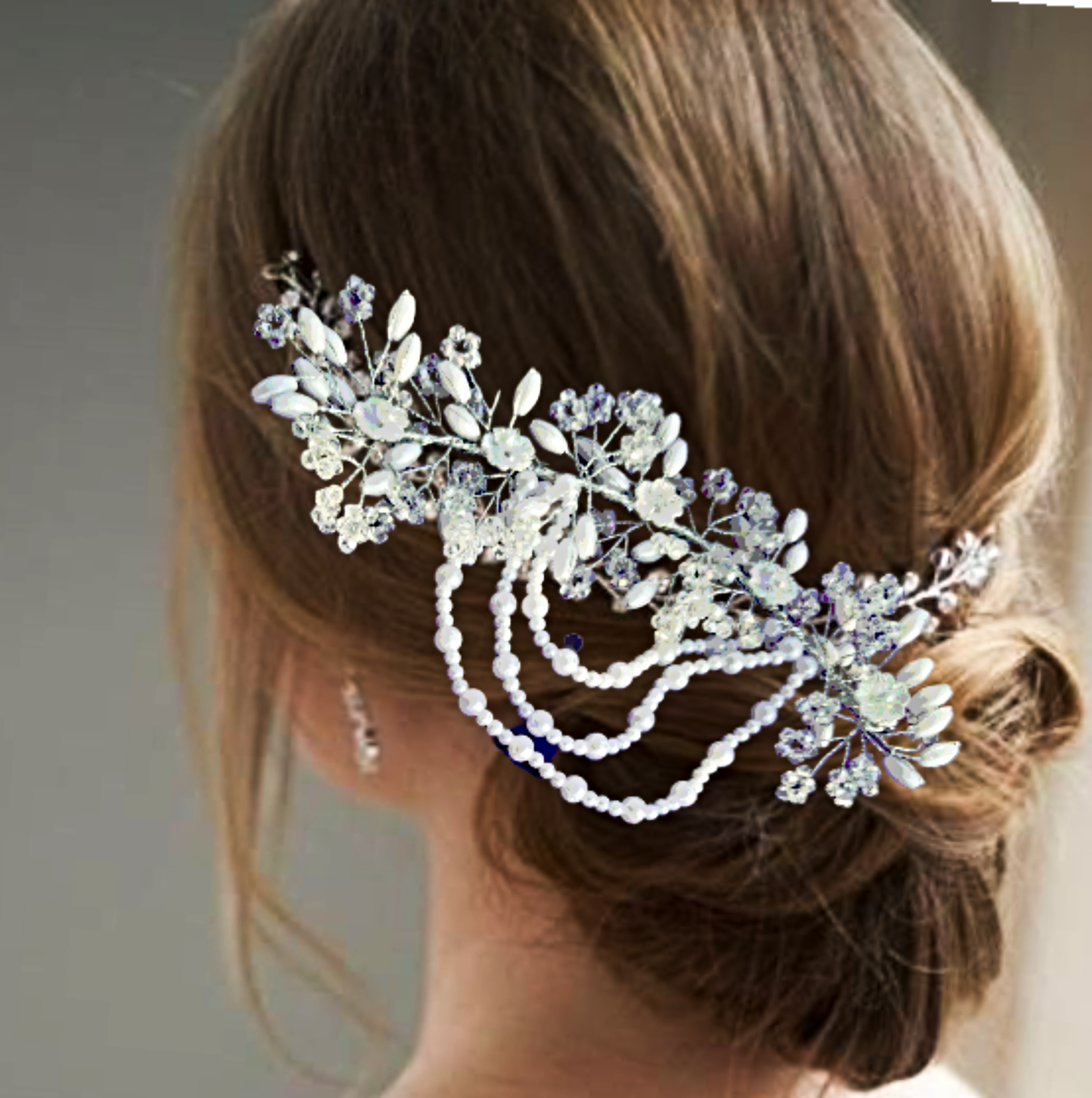 Bridal Pearls Embellished Silver Tiara with Latkans