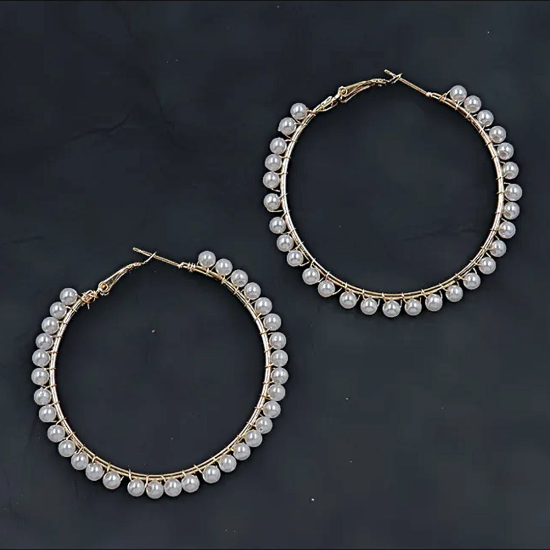 Proplady Stylish Big Pearl Embellished Oversized Hoops Earrings