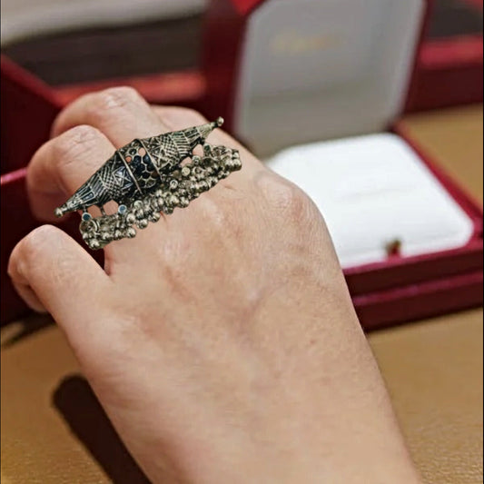 Proplady Adjustable German Silver Big Rajasthani Ring with Ghungroos Embellishments