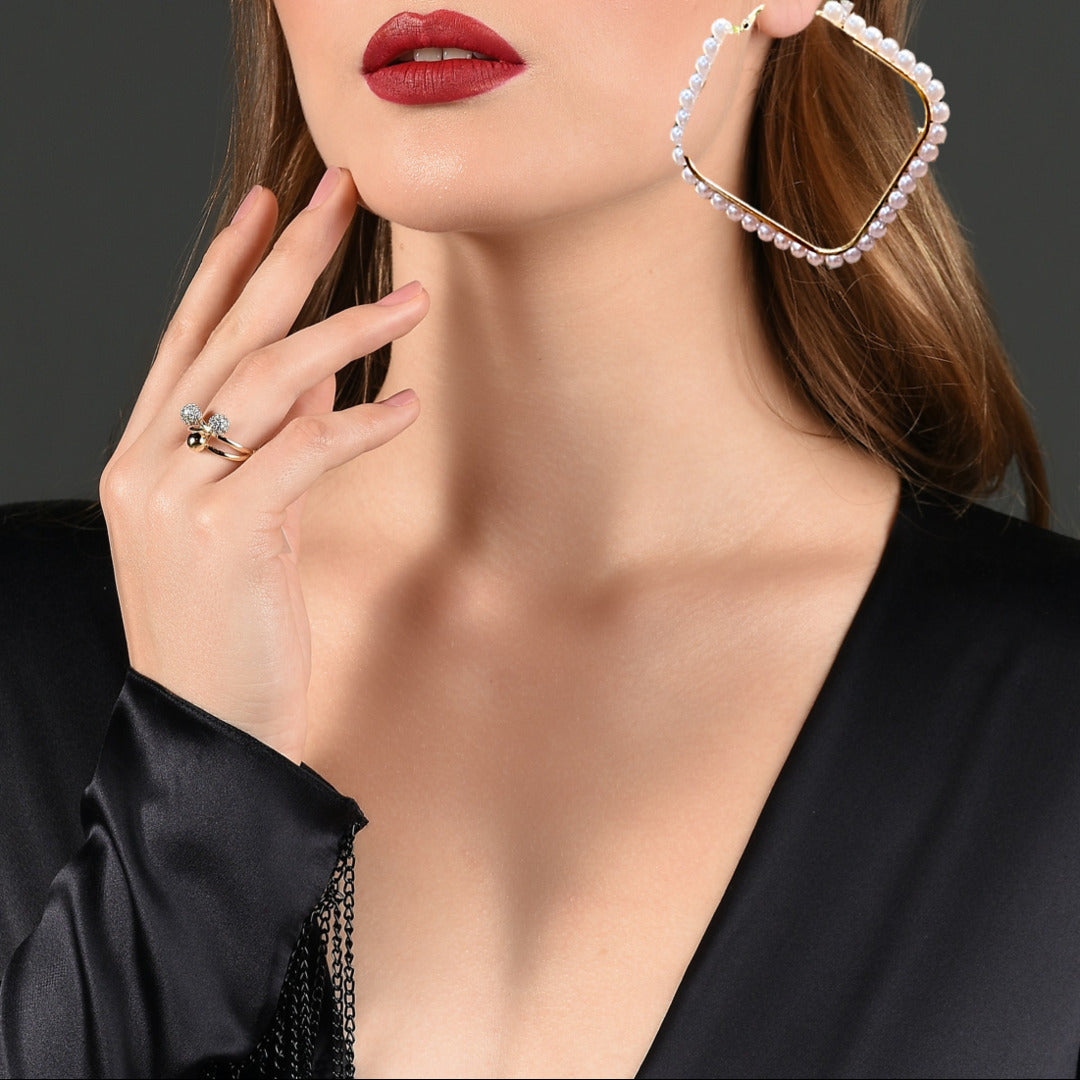 Proplady Stylish Big Pearls Embellished Golden Oversized Hoops Earrings