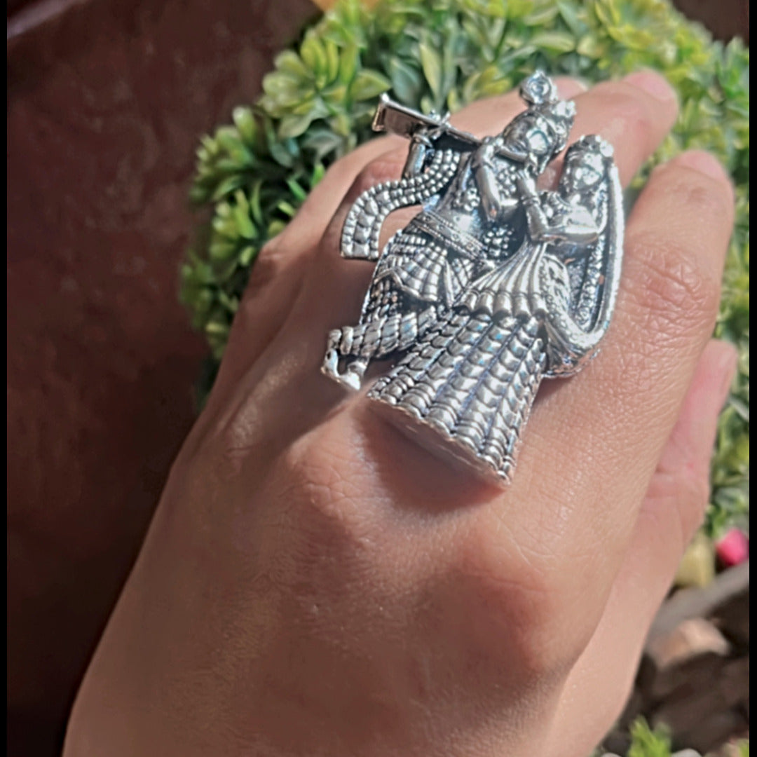 Proplady Adjustable German Silver Radha Krishna Ring with Rajasthani Engravings